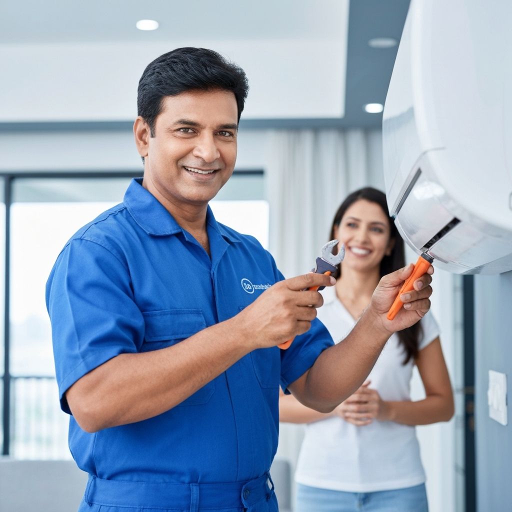 Professional AC technician repairing split AC unit in a Faridabad home